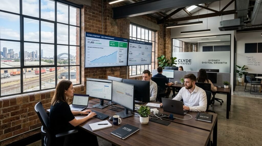 Digital marketing strategist reviewing SEO and Google Ads growth analytics for businesses in Clyde Sydney