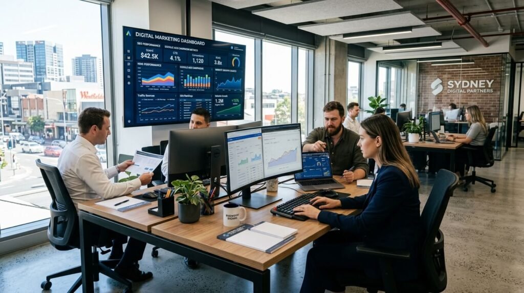 SEO strategist reviewing digital growth analytics for businesses in Burwood Sydney