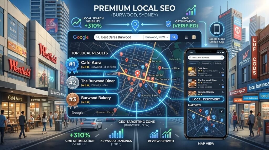 Google Maps local SEO visibility concept for businesses in Burwood Sydney