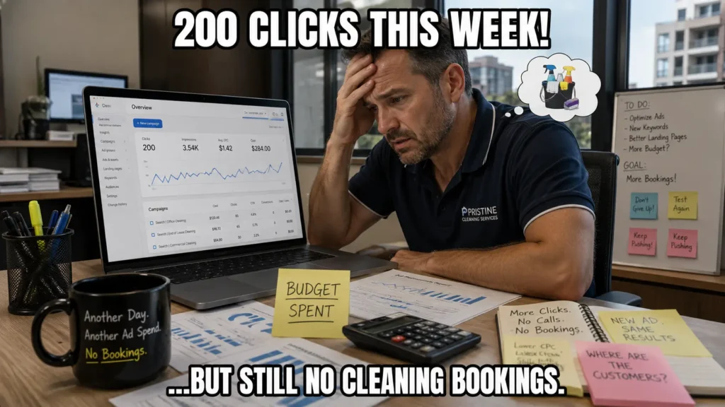 Cleaning business owner frustrated with Google Ads clicks but no bookings