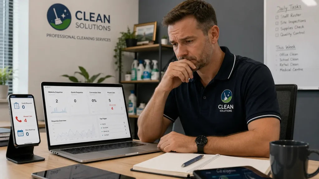 Cleaning business lead generation funnel showing traffic dropping before conversion