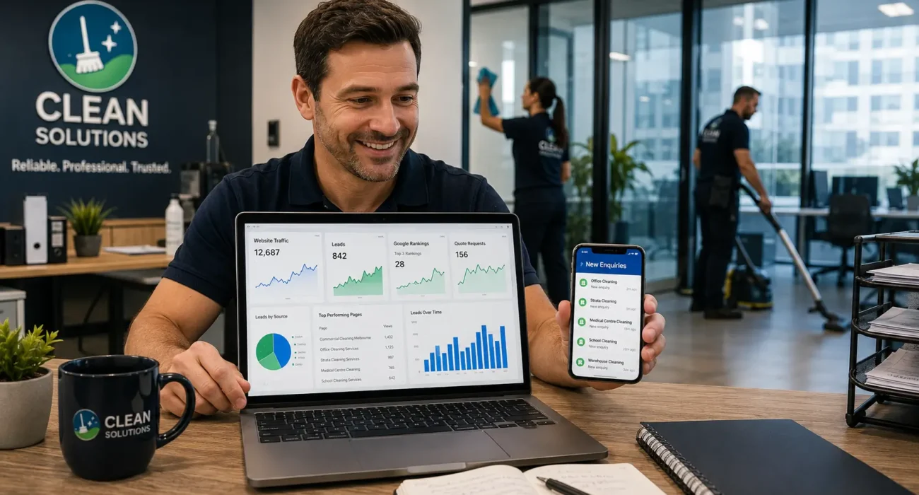 Cleaning business marketing dashboard showing lead generation and business growth in Australia