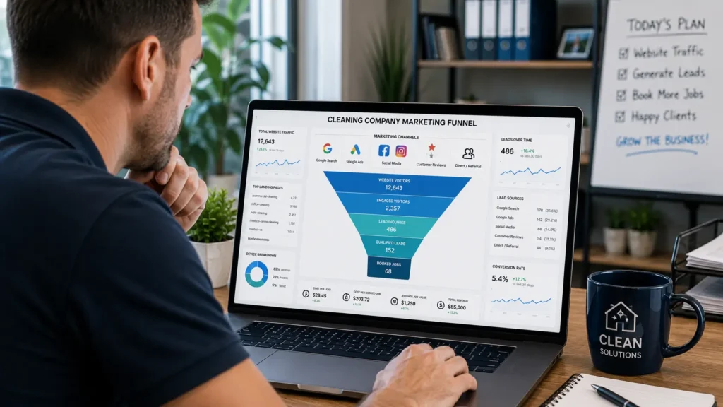 Cleaning business marketing funnel showing SEO, ads and website converting traffic into leads