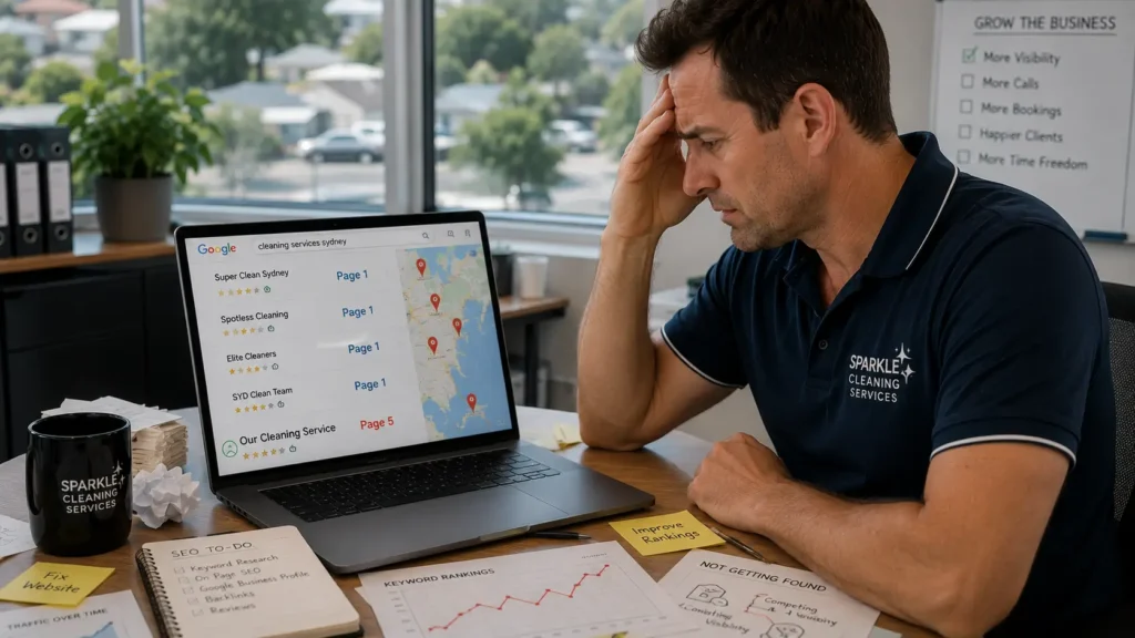 Cleaning business owner frustrated by poor SEO rankings on Google