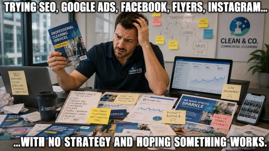Cleaning business owner overwhelmed by multiple marketing channels without a strategy