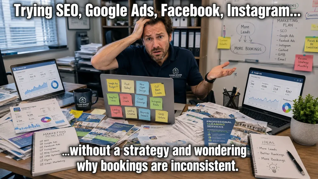Cleaning business owner overwhelmed by multiple digital marketing channels without strategy