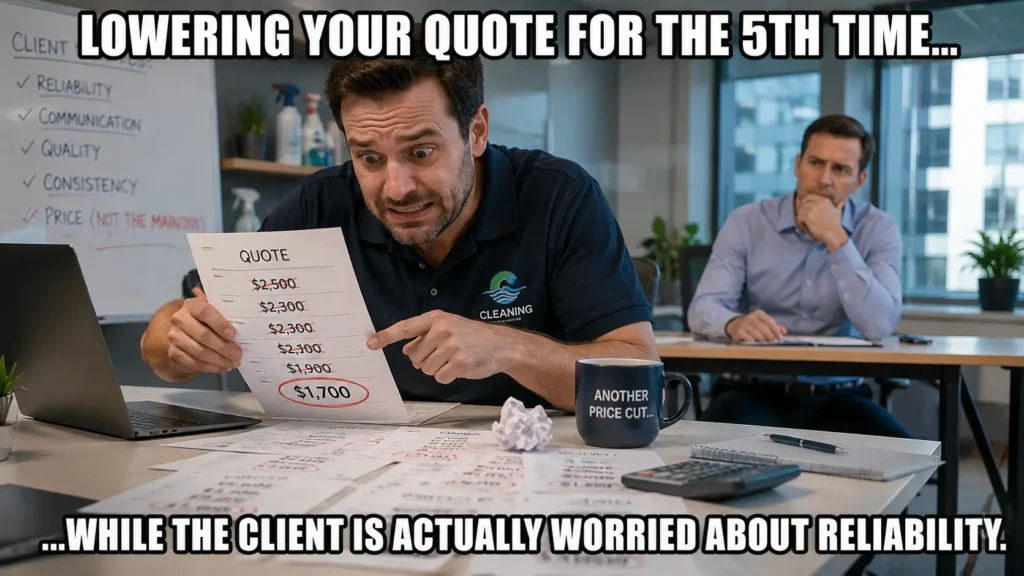 Commercial cleaning business owner reducing pricing while client prioritises reliability