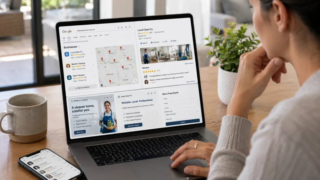 Customers comparing local cleaning businesses online before requesting a quote