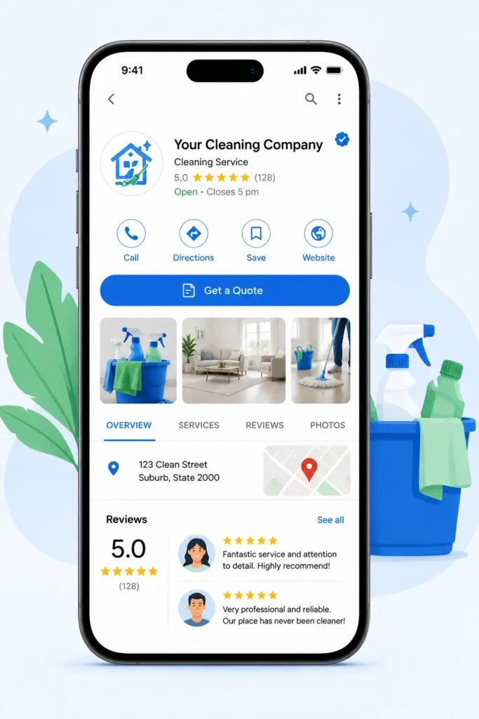 Smartphone showing an optimised Google Business Profile listing for a local cleaning company with five-star reviews