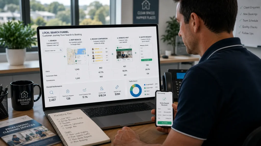 Local search funnel for cleaning businesses showing customers moving from search to booking