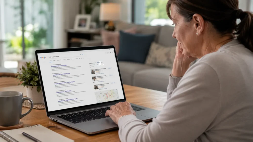 NDIS participant family member searching online for disability support services in Australia