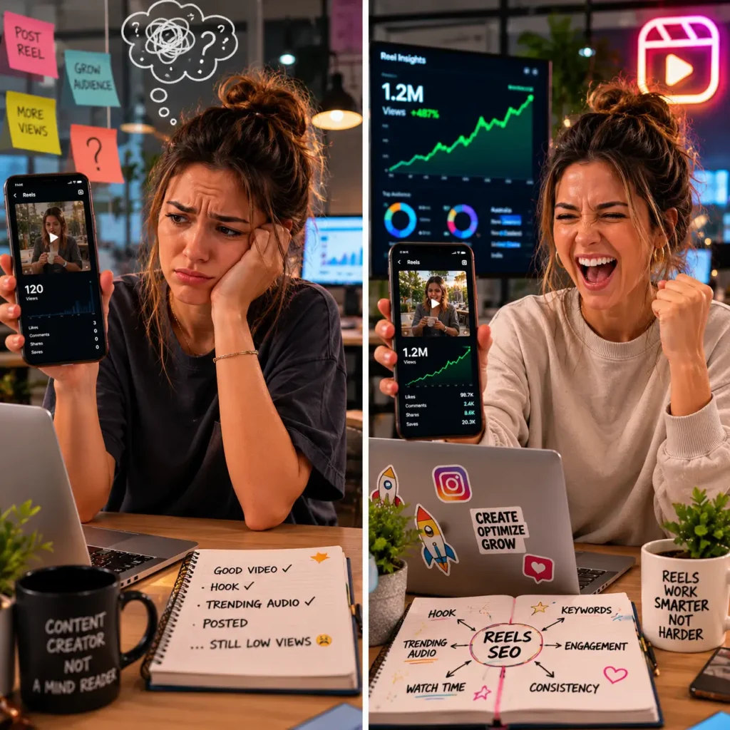 Humorous Instagram marketing meme about poor Reel performance without SEO.