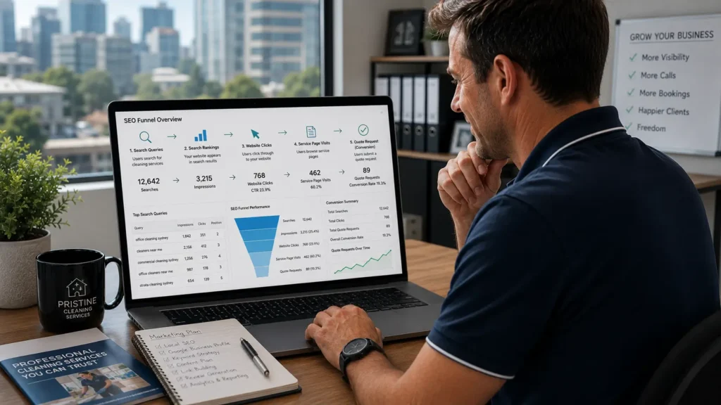 SEO funnel for cleaning services showing search traffic converting into leads