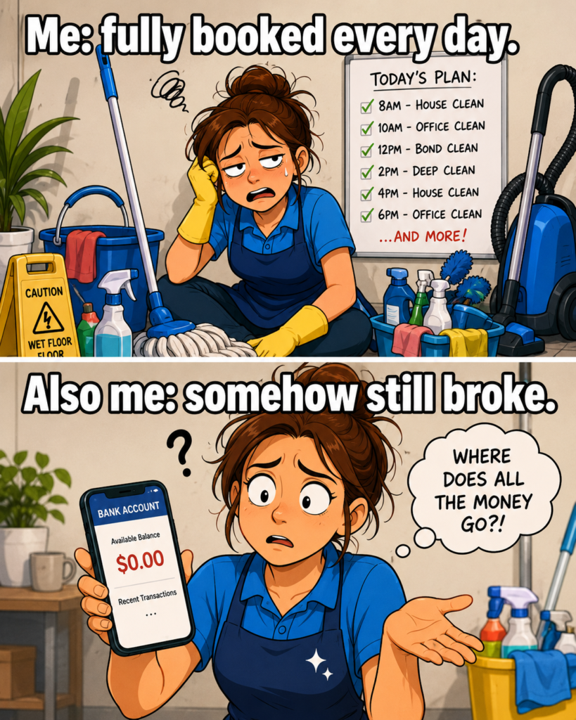 Two-panel meme showing a busy but unprofitable cleaner illustrating the difference between being busy and growing