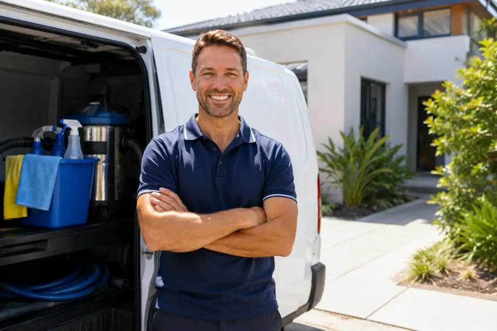Australian cleaning business owner standing beside a branded work van outside a suburban home
