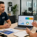 Cleaning business owner discussing marketing strategy with agency to generate qualified leads