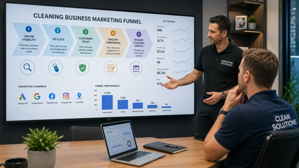 Cleaning business marketing funnel showing visibility clicks trust enquiries and bookings