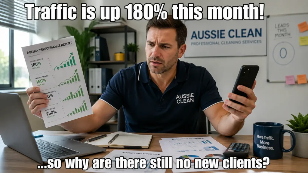Cleaning business owner frustrated with marketing reports but no clients