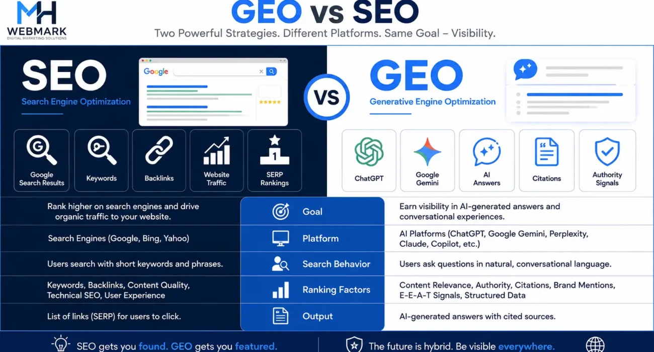Infographic comparing GEO vs SEO including ranking factors, search behavior, and AI search differences in 2026