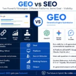 Infographic comparing GEO vs SEO including ranking factors, search behavior, and AI search differences in 2026