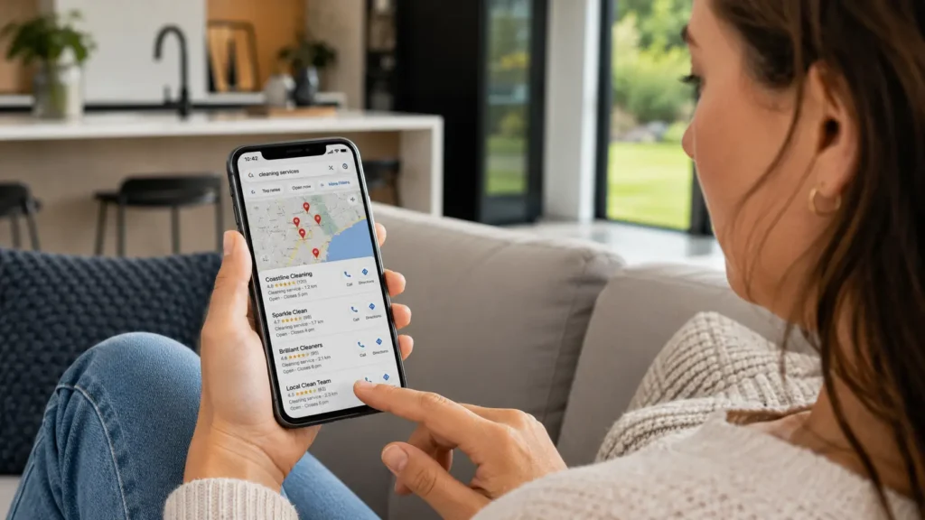 Customer searching for local cleaning services on Google Maps