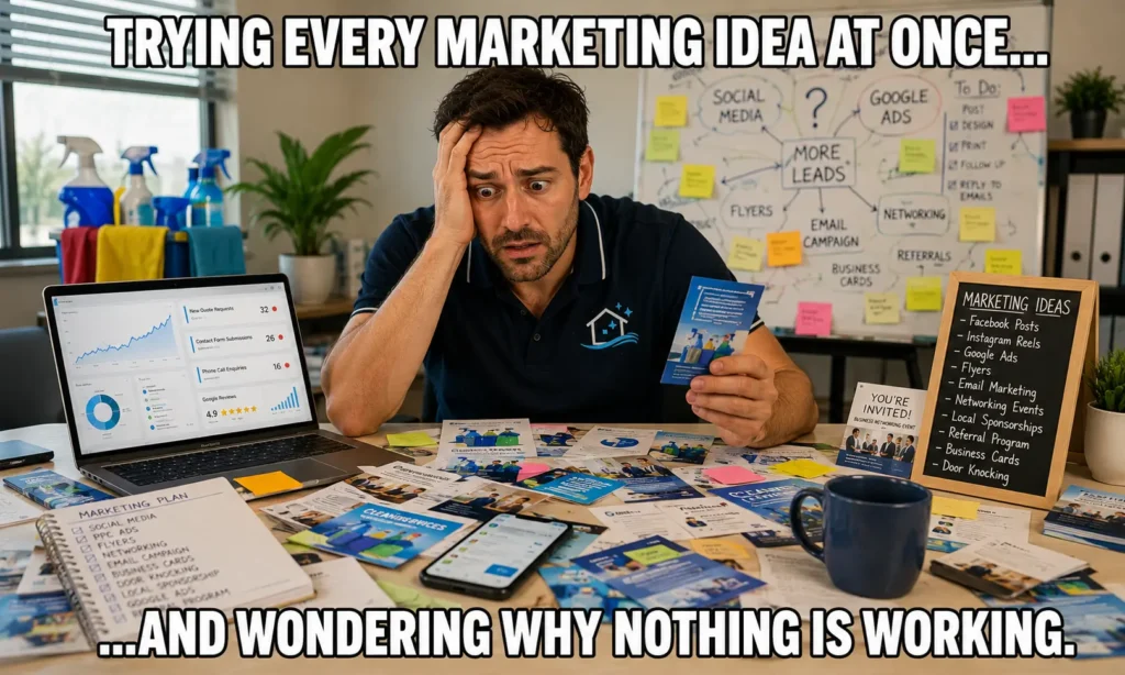 Cleaning business owner overwhelmed by multiple marketing strategies and tasks